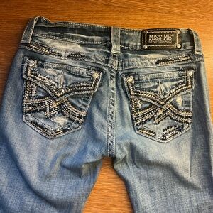 Miss Me Blue Boot Cut Jeans with Distressed Look and Intricate Stitching